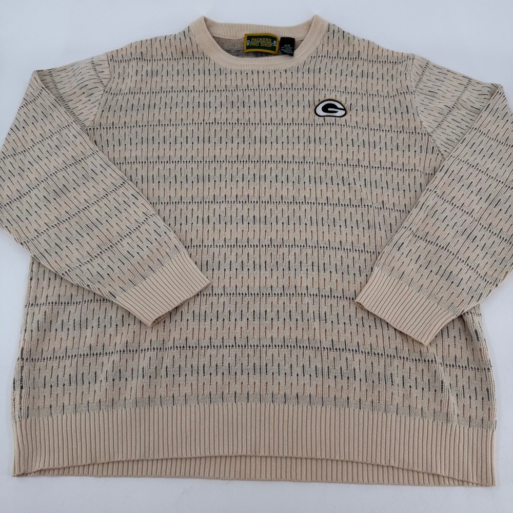 Green Bay Packers Pro Shop Mens Medium Cotton Knit Sweater Cream Tan Pullover